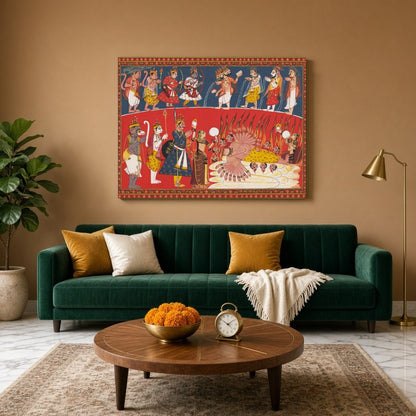 Immerse yourself in the vibrant storytelling of Hanuman's devotion and bravery with this evocative for Living Room