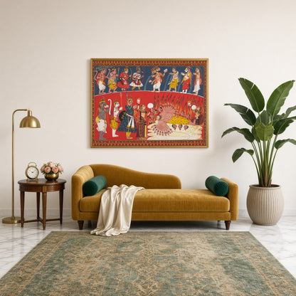 Immerse yourself in the vibrant storytelling of Hanuman's devotion and bravery with this evocative for Sitting Lounge