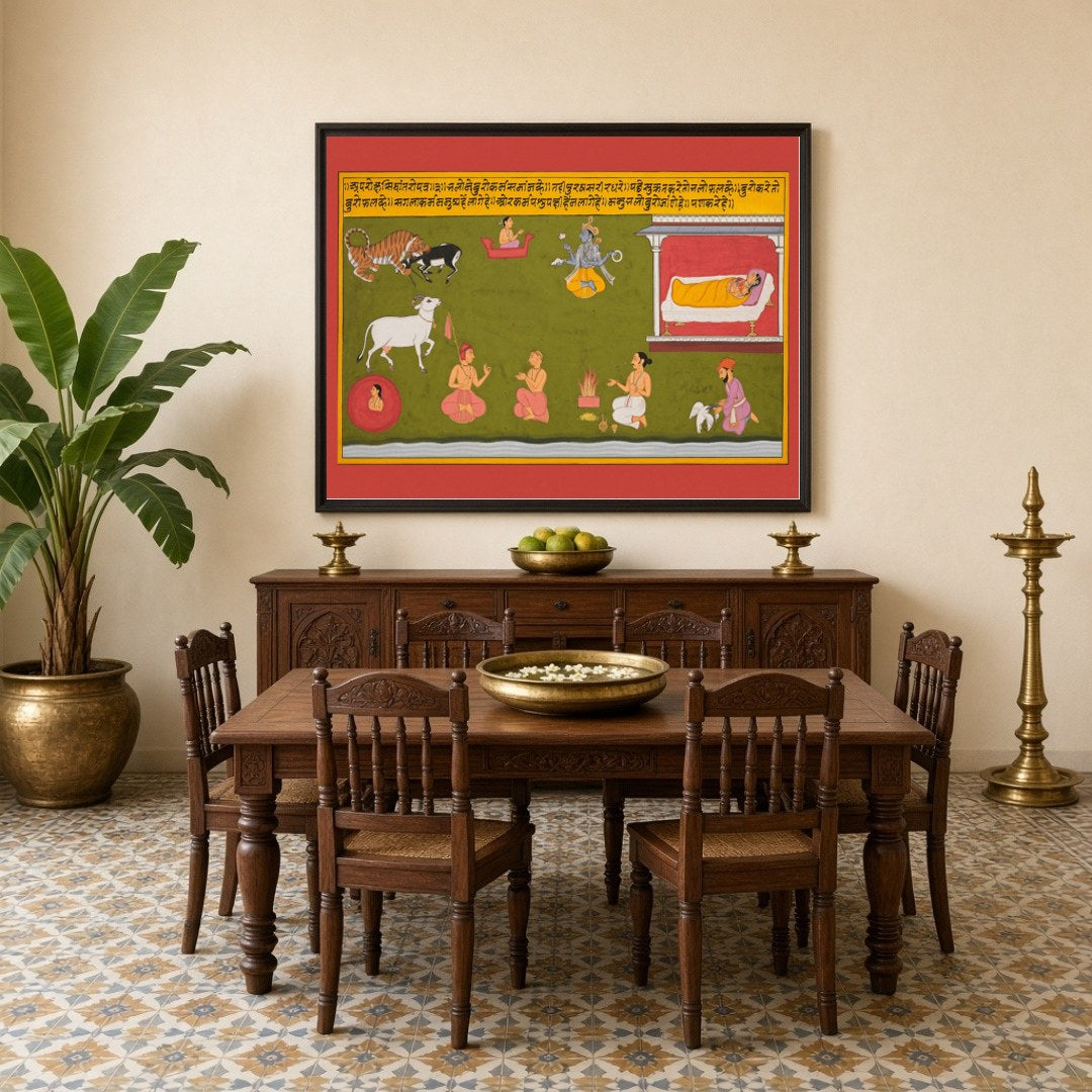 This exquisite Pichwai artwork captures the divine essence of Lord Hanuman, set against a vibrant for Dining