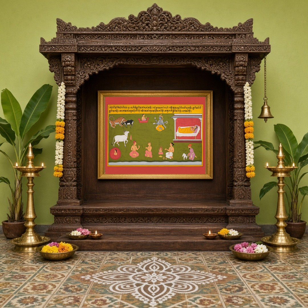 This exquisite Pichwai artwork captures the divine essence of Lord Hanuman, set against a vibrant for Home Temple