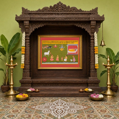 This exquisite Pichwai artwork captures the divine essence of Lord Hanuman, set against a vibrant for Home Temple