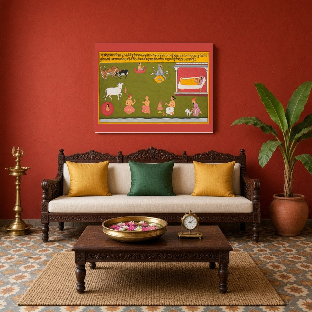 This exquisite Pichwai artwork captures the divine essence of Lord Hanuman, set against a vibrant for Living Room