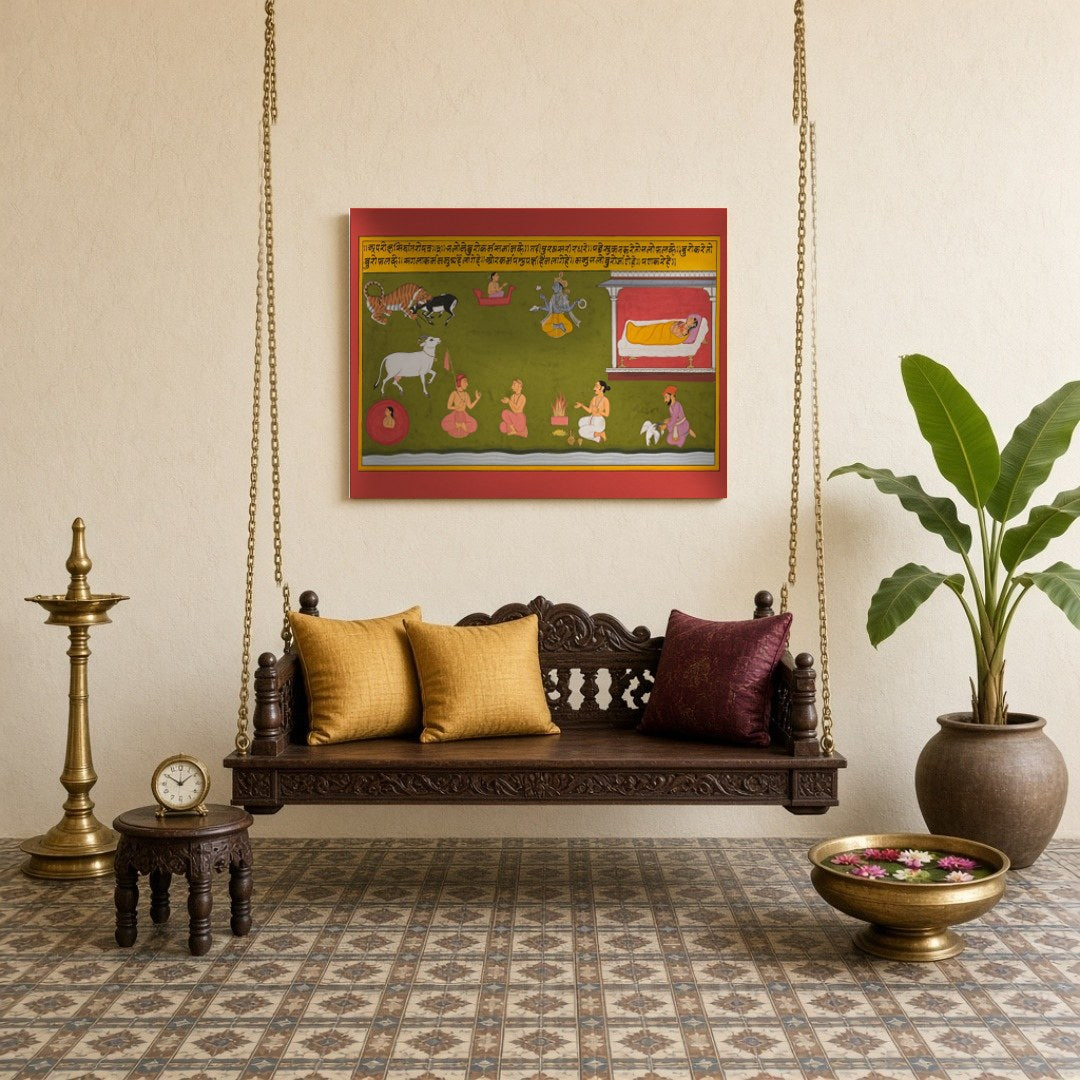 This exquisite Pichwai artwork captures the divine essence of Lord Hanuman, set against a vibrant for Sitting Lounge