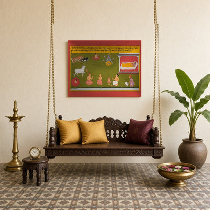 This exquisite Pichwai artwork captures the divine essence of Lord Hanuman, set against a vibrant for Sitting Lounge