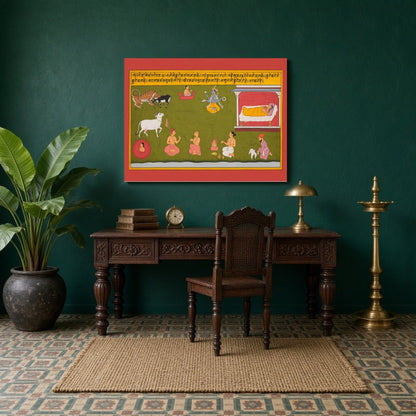This exquisite Pichwai artwork captures the divine essence of Lord Hanuman, set against a vibrant for Study