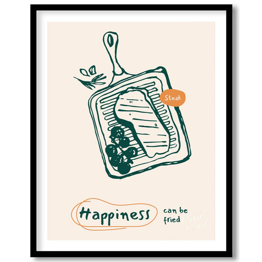 This bold and appetizing poster showcases a line art illustration of a steak on a grill pan, accomp… for abode