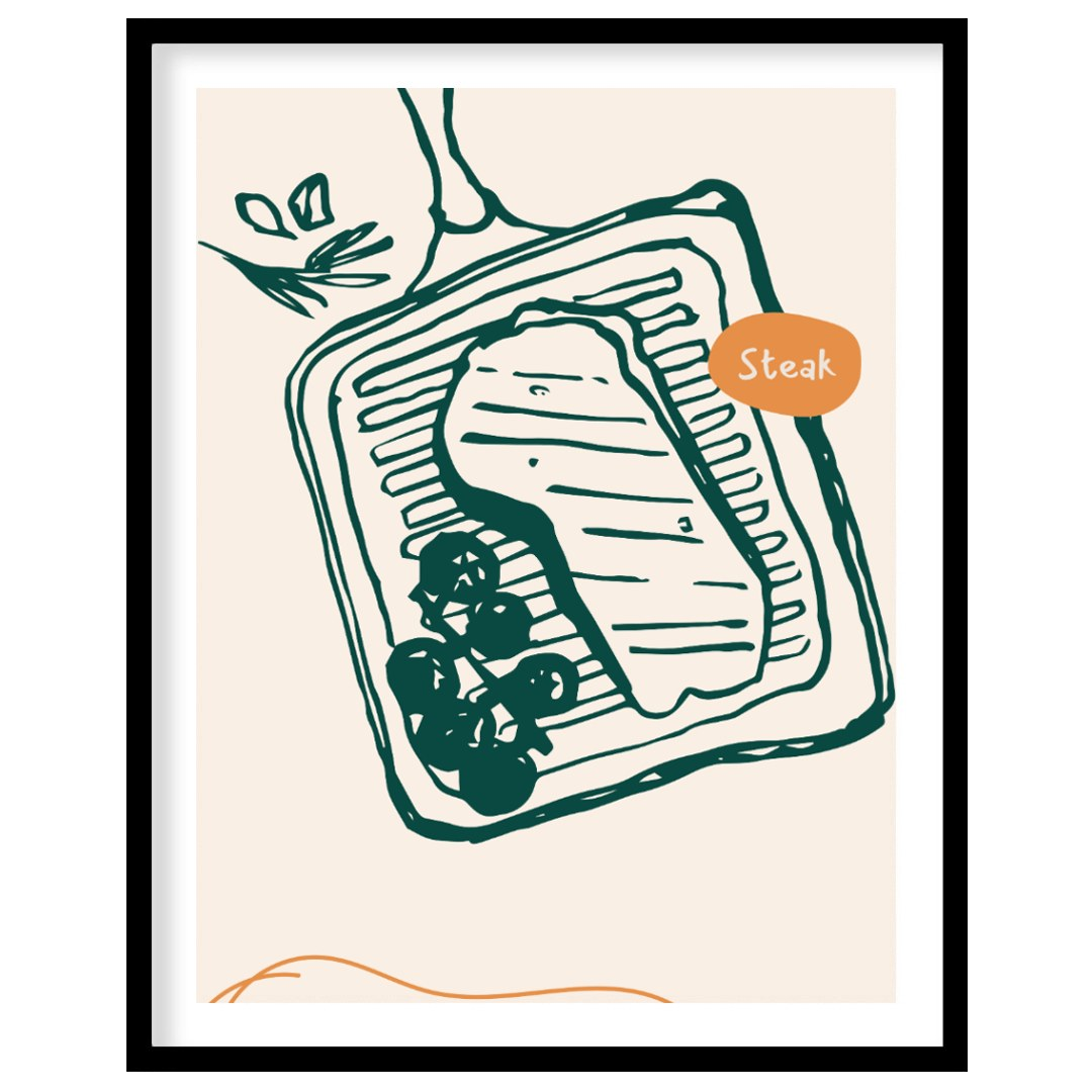 This bold and appetizing poster showcases a line art illustration of a steak on a grill pan, accomp… for abode
