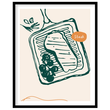 This bold and appetizing poster showcases a line art illustration of a steak on a grill pan, accomp… for abode