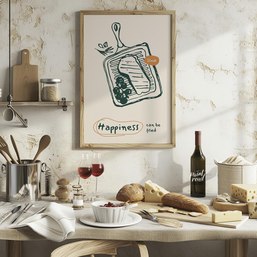 This bold and appetizing poster showcases a line art illustration of a steak on a grill pan, accomp… for kitchen