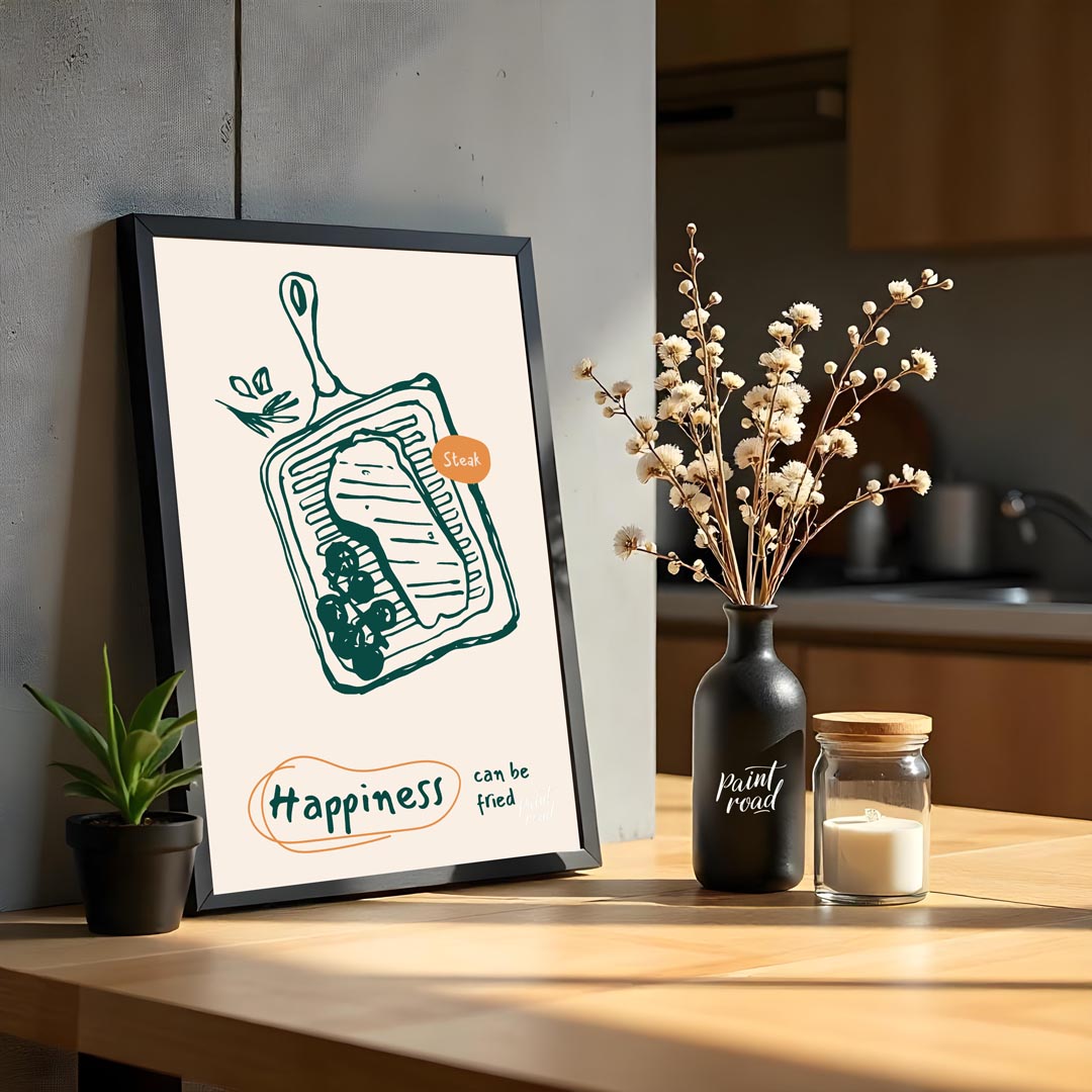 This bold and appetizing poster showcases a line art illustration of a steak on a grill pan, accomp… for kitchen