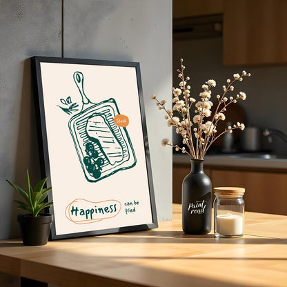 This bold and appetizing poster showcases a line art illustration of a steak on a grill pan, accomp… for kitchen