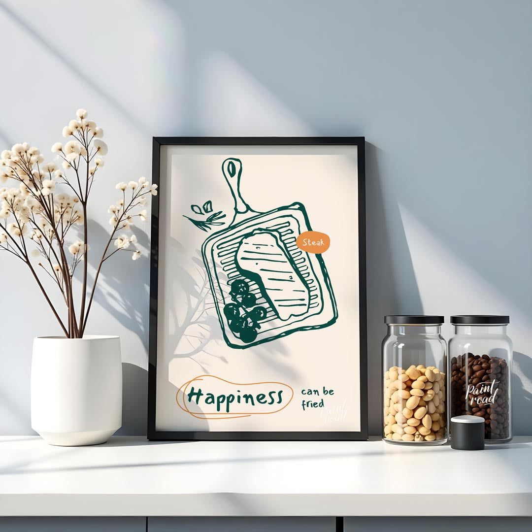 This bold and appetizing poster showcases a line art illustration of a steak on a grill pan, accomp… for kitchen