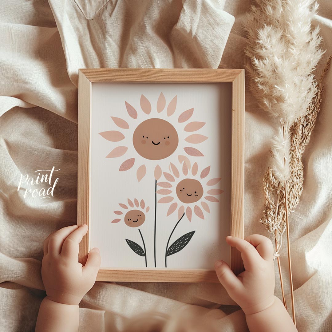 This delightful and modern illustration showcases a charming family of stylized daisies, each with … for nursery