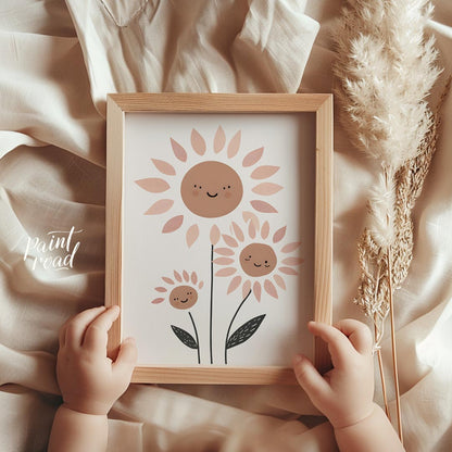 This delightful and modern illustration showcases a charming family of stylized daisies, each with … for nursery