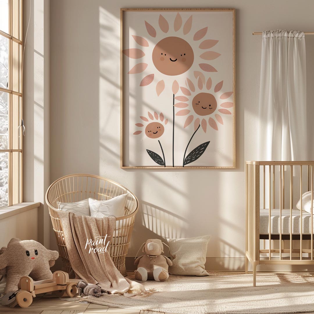 This delightful and modern illustration showcases a charming family of stylized daisies, each with … for nursery