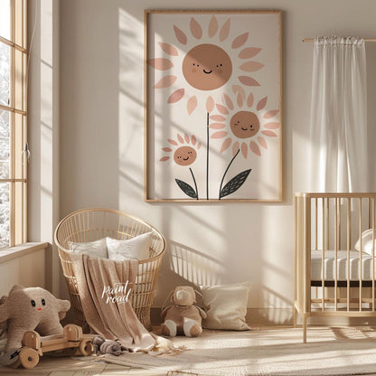 This delightful and modern illustration showcases a charming family of stylized daisies, each with … for nursery