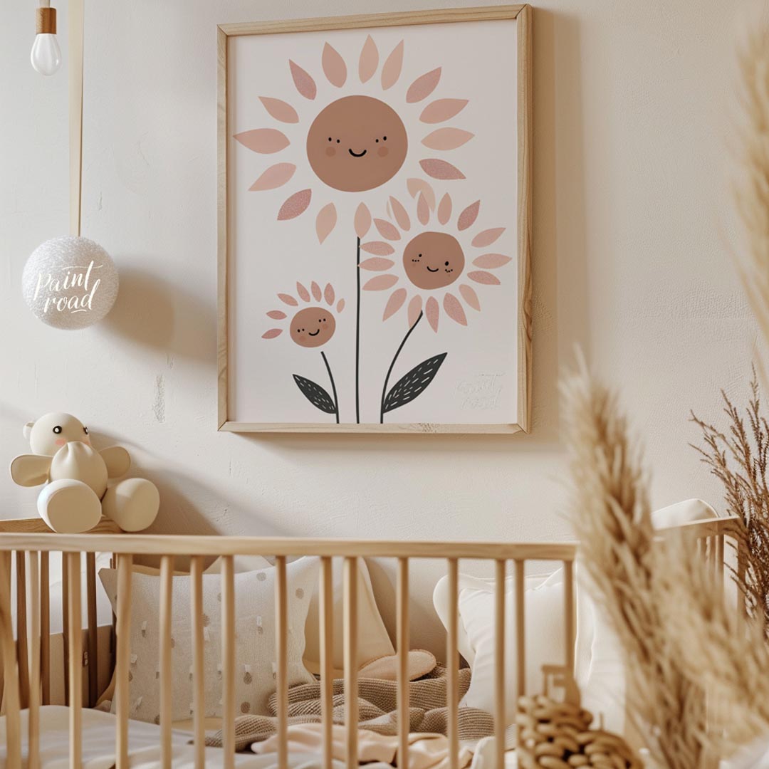 This delightful and modern illustration showcases a charming family of stylized daisies, each with … for nursery