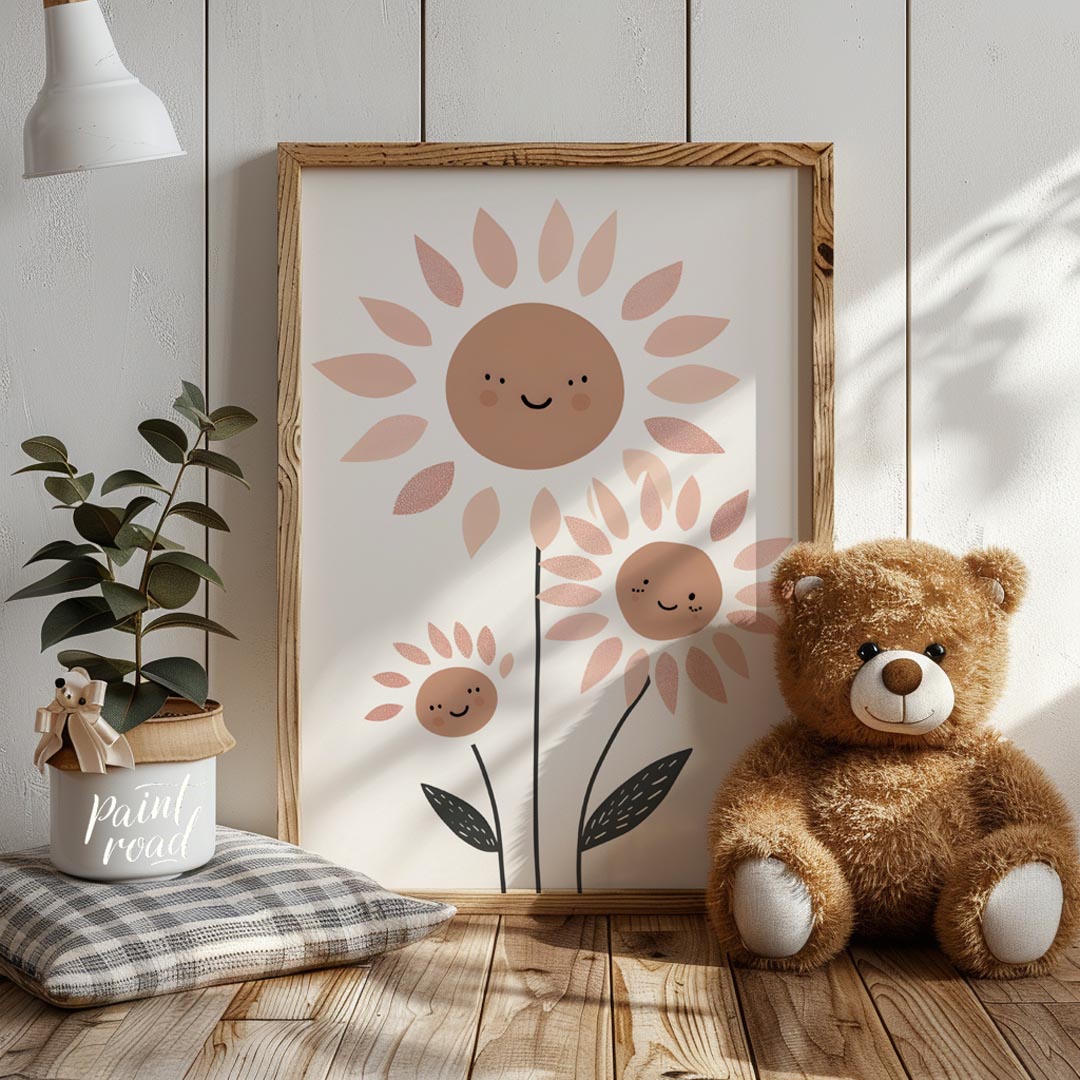 This delightful and modern illustration showcases a charming family of stylized daisies, each with … for nursery