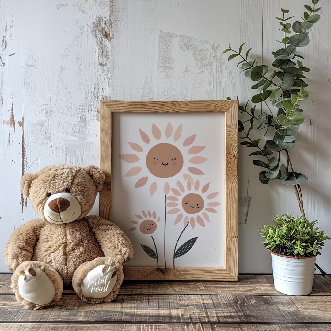 This delightful and modern illustration showcases a charming family of stylized daisies, each with … for nursery