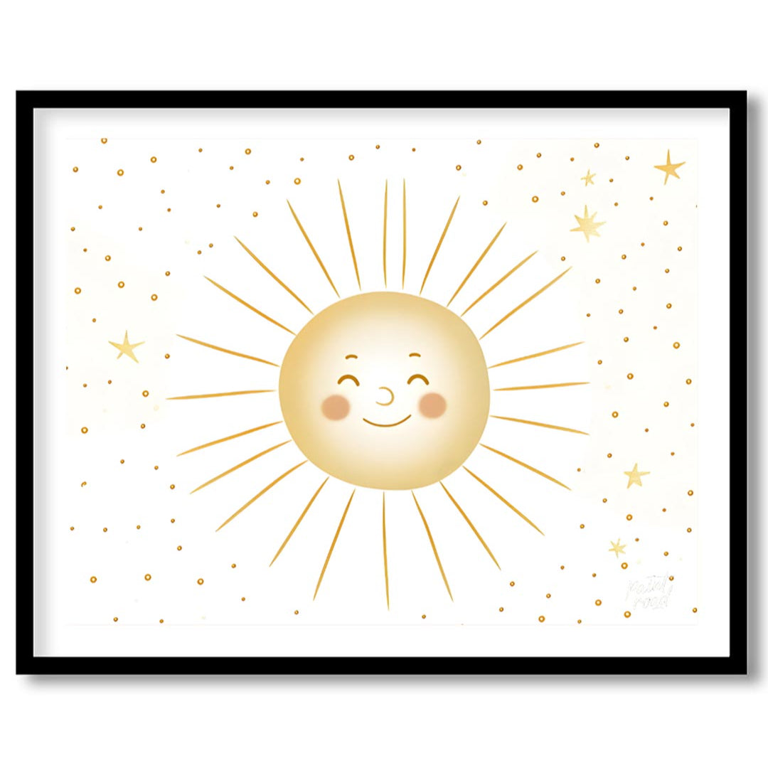 This cheerful and bright poster features a radiant, smiling sun at its center, surrounded by a whim… for home