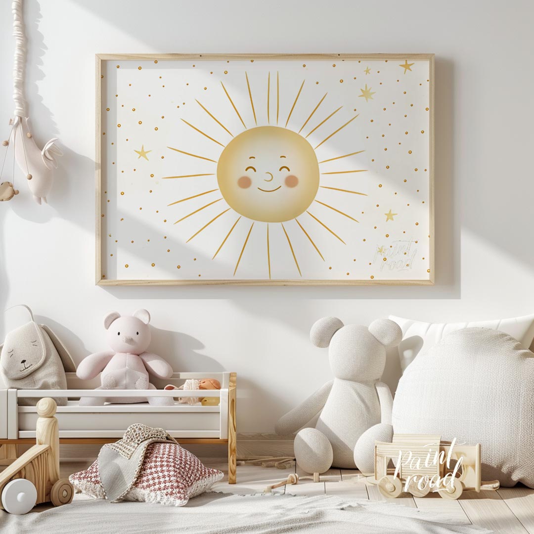 This cheerful and bright poster features a radiant, smiling sun at its center, surrounded by a whim… for nursery