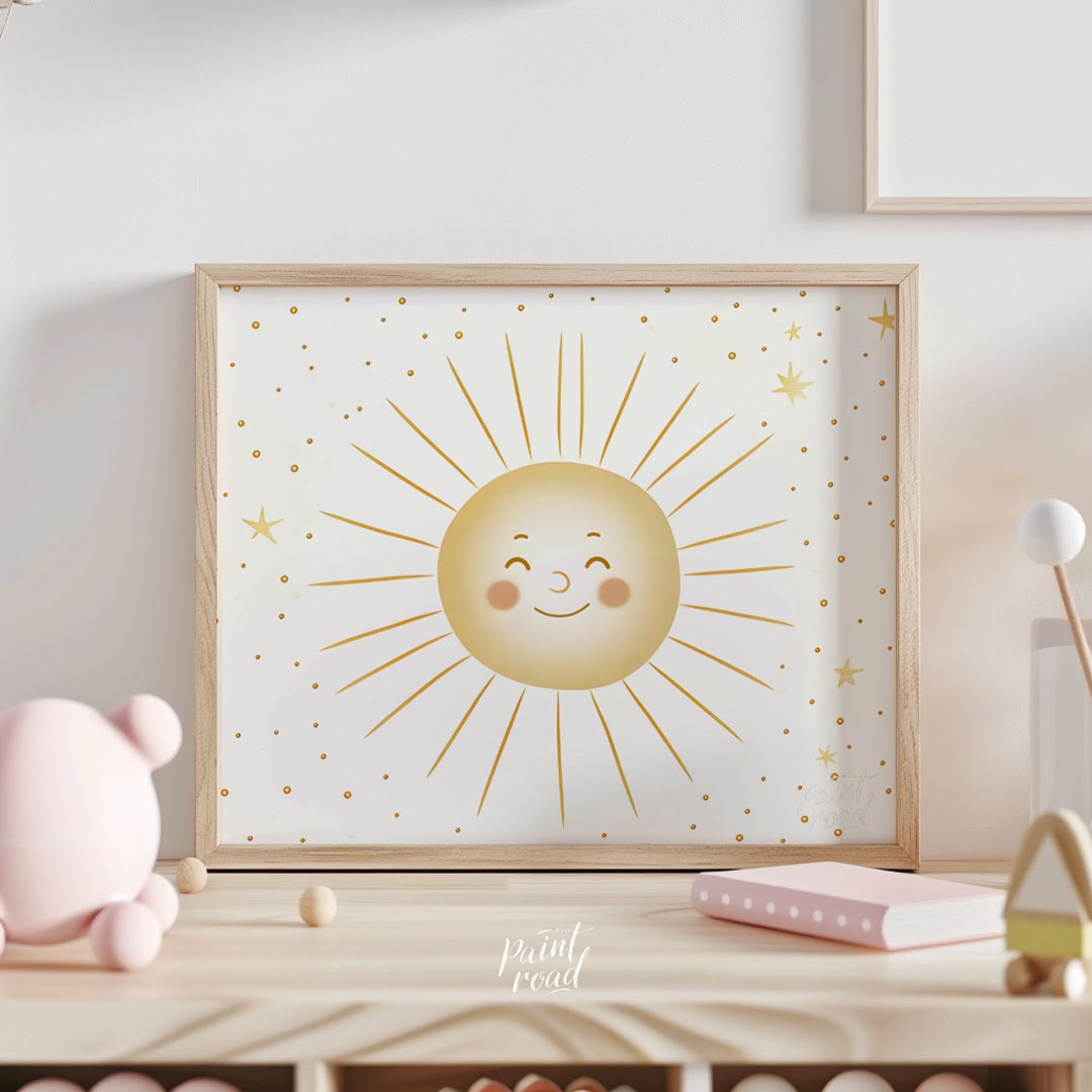 This cheerful and bright poster features a radiant, smiling sun at its center, surrounded by a whim… for nursery