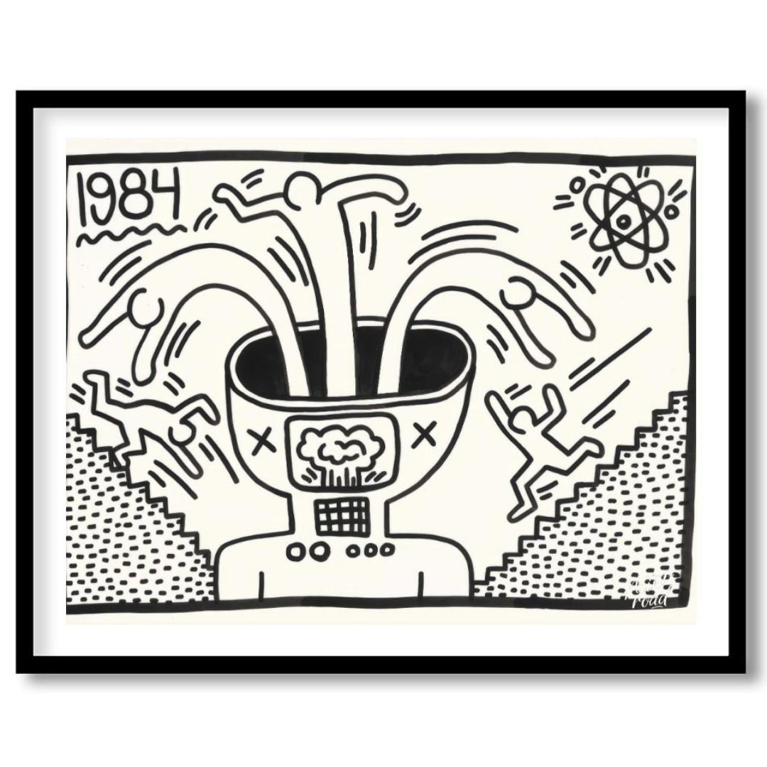 "Haring's 1984 Thought" presents a striking artwork in Keith Haring's signature style, featuring bo… for area