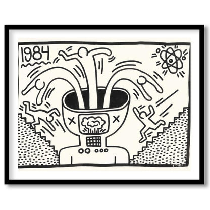"Haring's 1984 Thought" presents a striking artwork in Keith Haring's signature style, featuring bo… for area