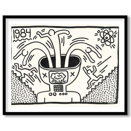 "Haring's 1984 Thought" presents a striking artwork in Keith Haring's signature style, featuring bo… for area