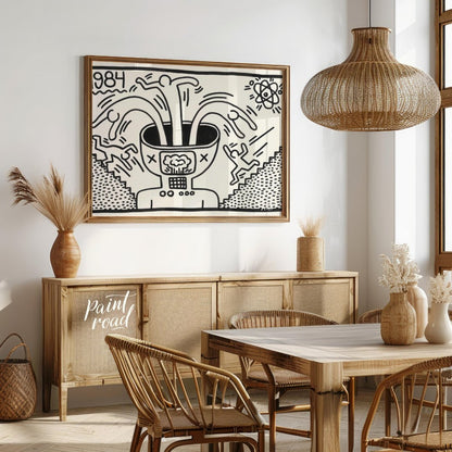 "Haring's 1984 Thought" presents a striking artwork in Keith Haring's signature style, featuring bo… for dining room