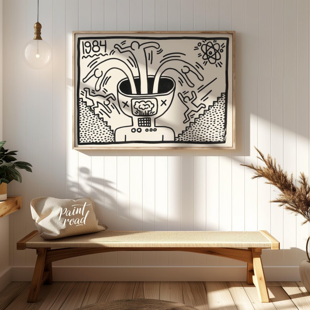 "Haring's 1984 Thought" presents a striking artwork in Keith Haring's signature style, featuring bo… for entryway