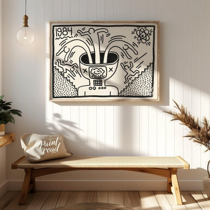 "Haring's 1984 Thought" presents a striking artwork in Keith Haring's signature style, featuring bo… for entryway