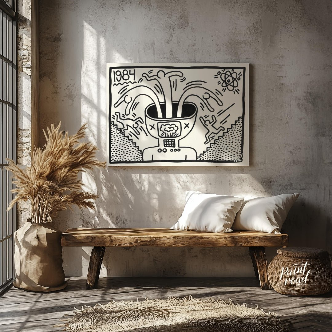 "Haring's 1984 Thought" presents a striking artwork in Keith Haring's signature style, featuring bo… for entryway