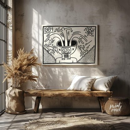 "Haring's 1984 Thought" presents a striking artwork in Keith Haring's signature style, featuring bo… for entryway
