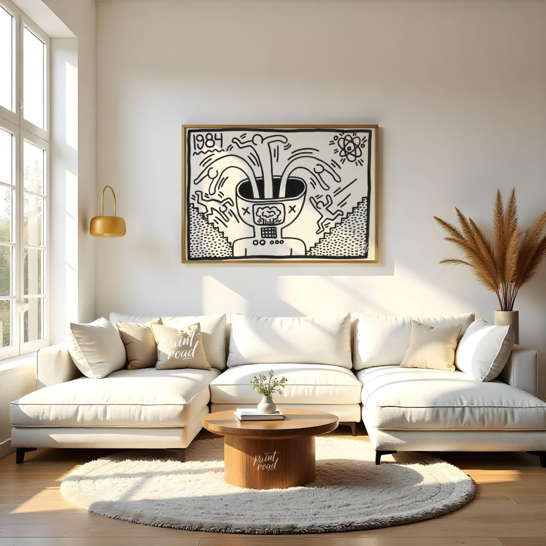 "Haring's 1984 Thought" presents a striking artwork in Keith Haring's signature style, featuring bo… for living room
