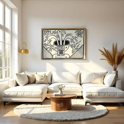 "Haring's 1984 Thought" presents a striking artwork in Keith Haring's signature style, featuring bo… for living room