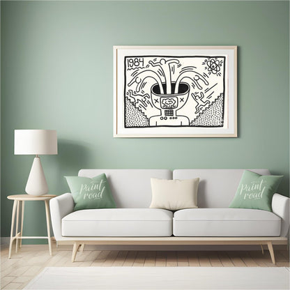 "Haring's 1984 Thought" presents a striking artwork in Keith Haring's signature style, featuring bo… for living room