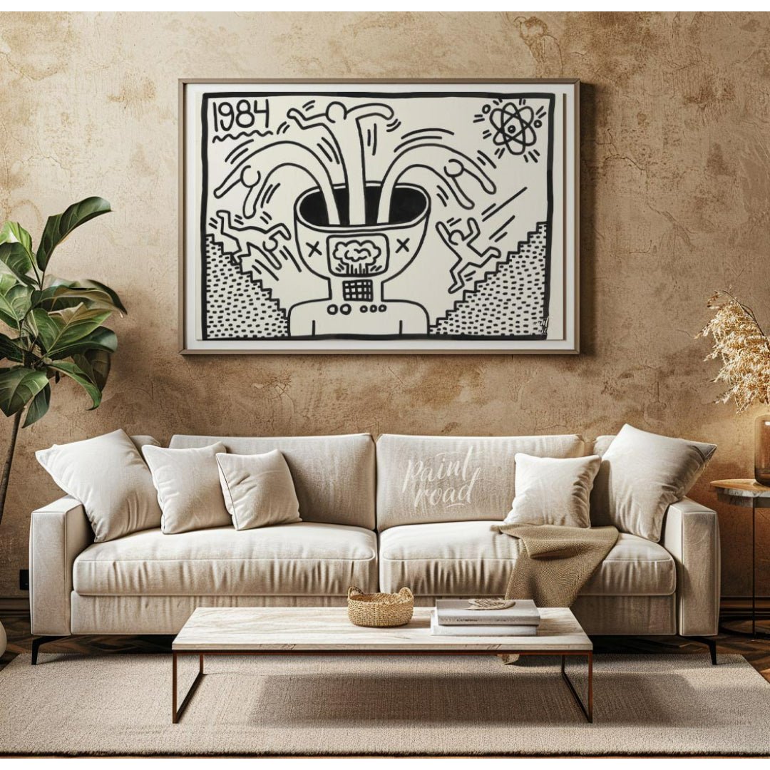 "Haring's 1984 Thought" presents a striking artwork in Keith Haring's signature style, featuring bo… for living room