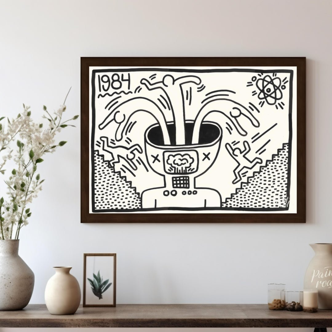 "Haring's 1984 Thought" presents a striking artwork in Keith Haring's signature style, featuring bo… for living room