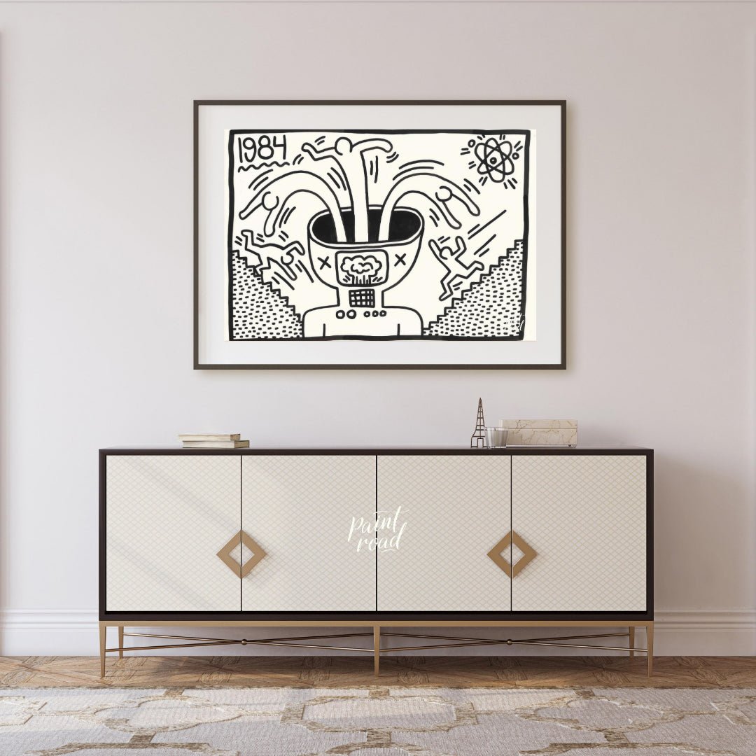 "Haring's 1984 Thought" presents a striking artwork in Keith Haring's signature style, featuring bo… for other
