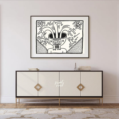 "Haring's 1984 Thought" presents a striking artwork in Keith Haring's signature style, featuring bo… for other