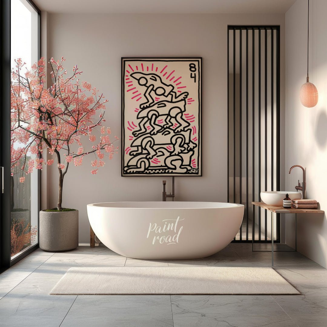 "Haring's Car Pile" presents a vibrant artwork in Keith Haring's signature style, featuring stylize… for bathroom