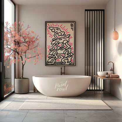 "Haring's Car Pile" presents a vibrant artwork in Keith Haring's signature style, featuring stylize… for bathroom