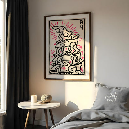"Haring's Car Pile" presents a vibrant artwork in Keith Haring's signature style, featuring stylize… for bedroom