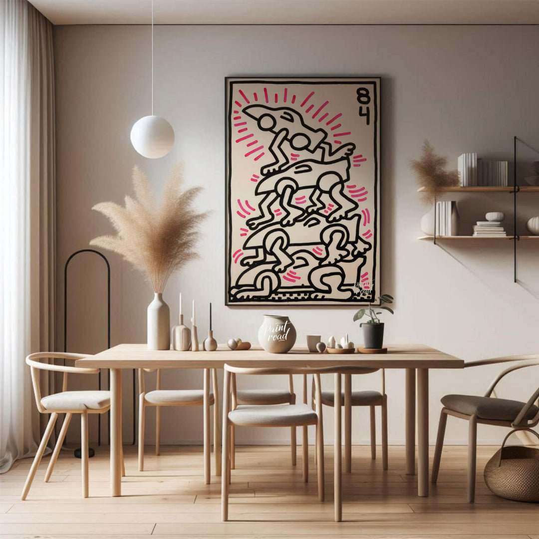 "Haring's Car Pile" presents a vibrant artwork in Keith Haring's signature style, featuring stylize… for dining room