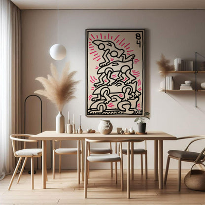 "Haring's Car Pile" presents a vibrant artwork in Keith Haring's signature style, featuring stylize… for dining room