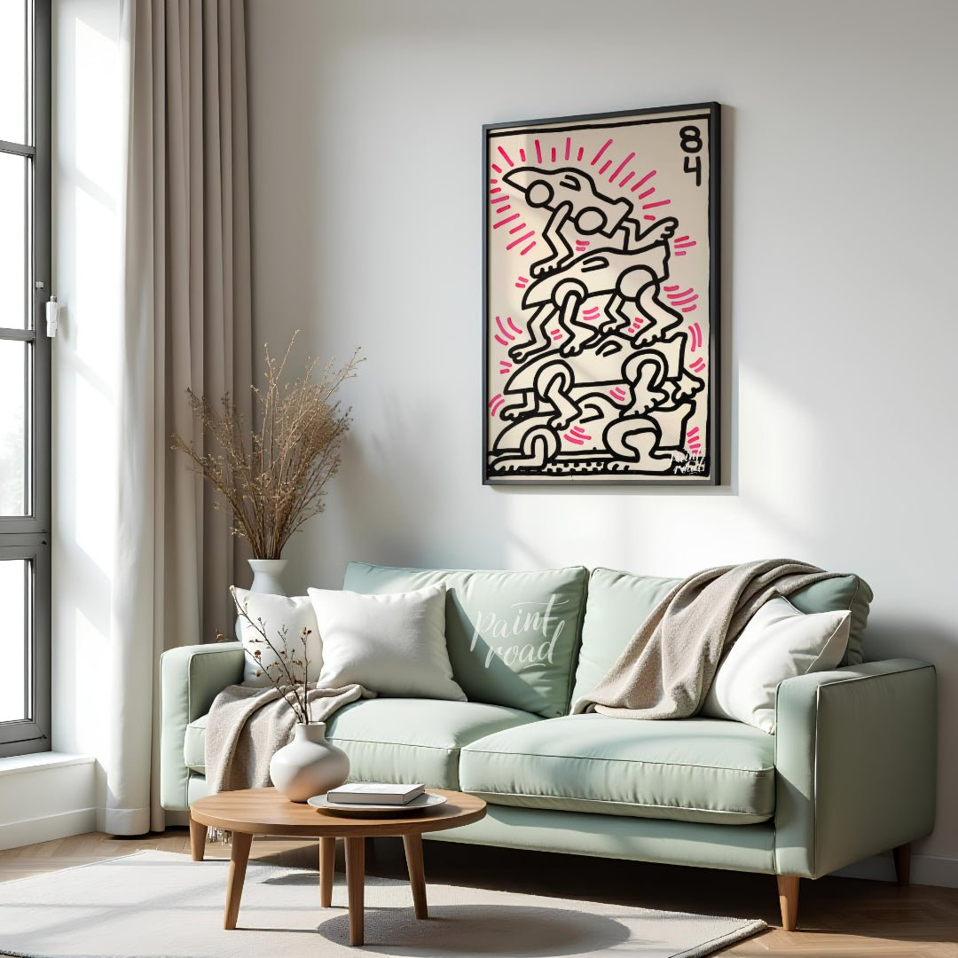 "Haring's Car Pile" presents a vibrant artwork in Keith Haring's signature style, featuring stylize… for living room