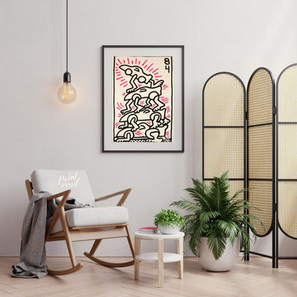 "Haring's Car Pile" presents a vibrant artwork in Keith Haring's signature style, featuring stylize… for living room