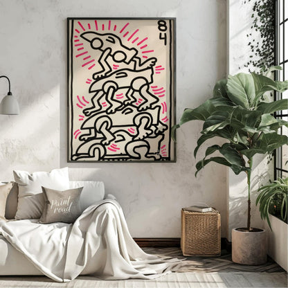 "Haring's Car Pile" presents a vibrant artwork in Keith Haring's signature style, featuring stylize… for living room