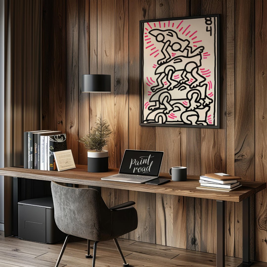 "Haring's Car Pile" presents a vibrant artwork in Keith Haring's signature style, featuring stylize… for office